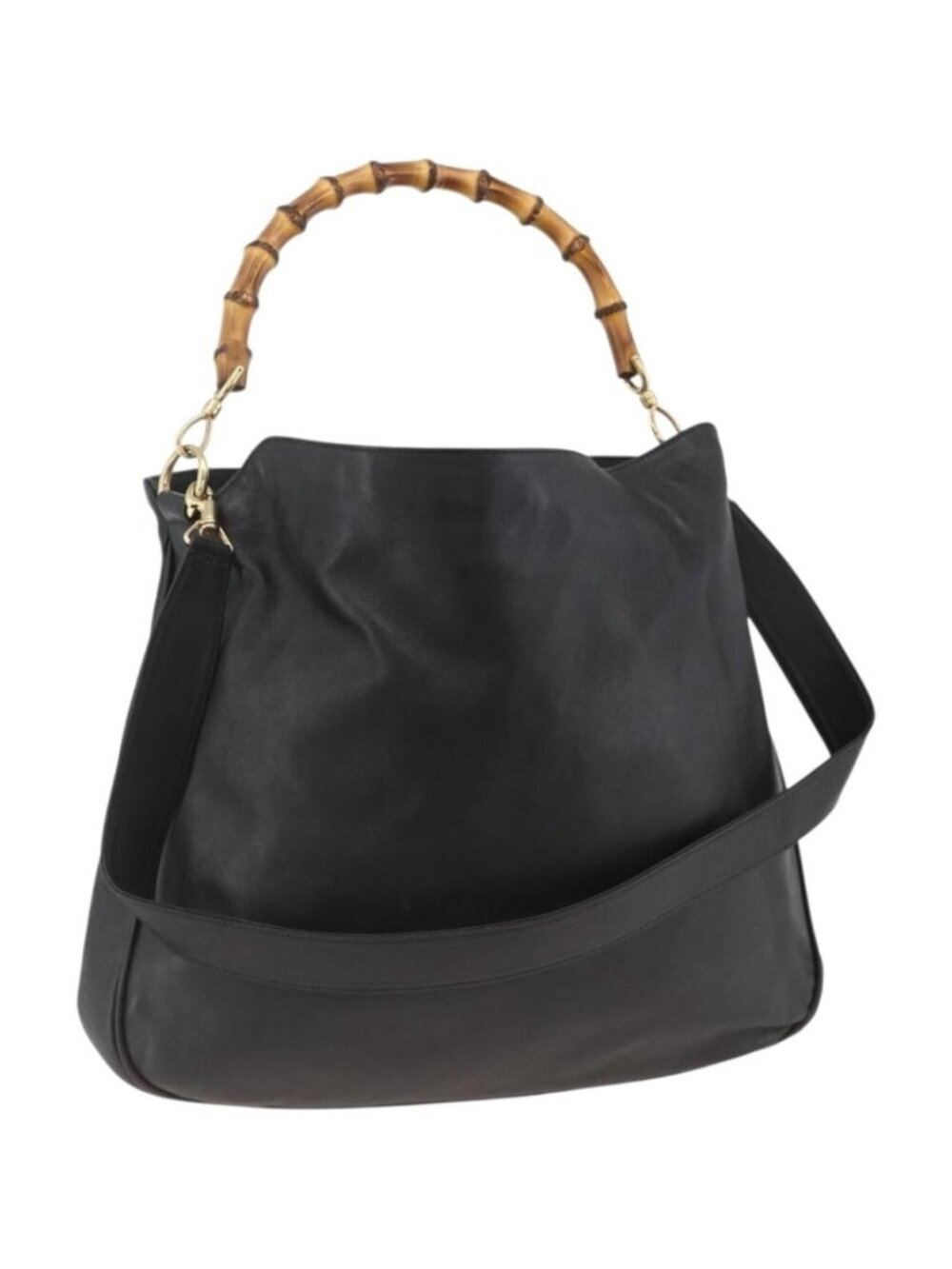 GUCCI Bamboo Shoulder Bag Leather 2way Black Gold 001 1577
